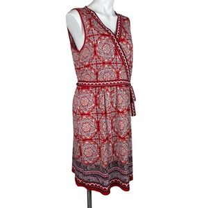 Max Studio Faux Wrap Tie Sleeveless Dress Knee Length‎ Red Geo Print Women's XL